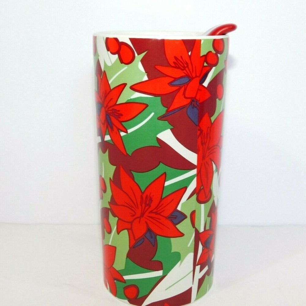 Teavana Christmas Holiday Ceramic Travel Tumbler Poinsettia Red Green